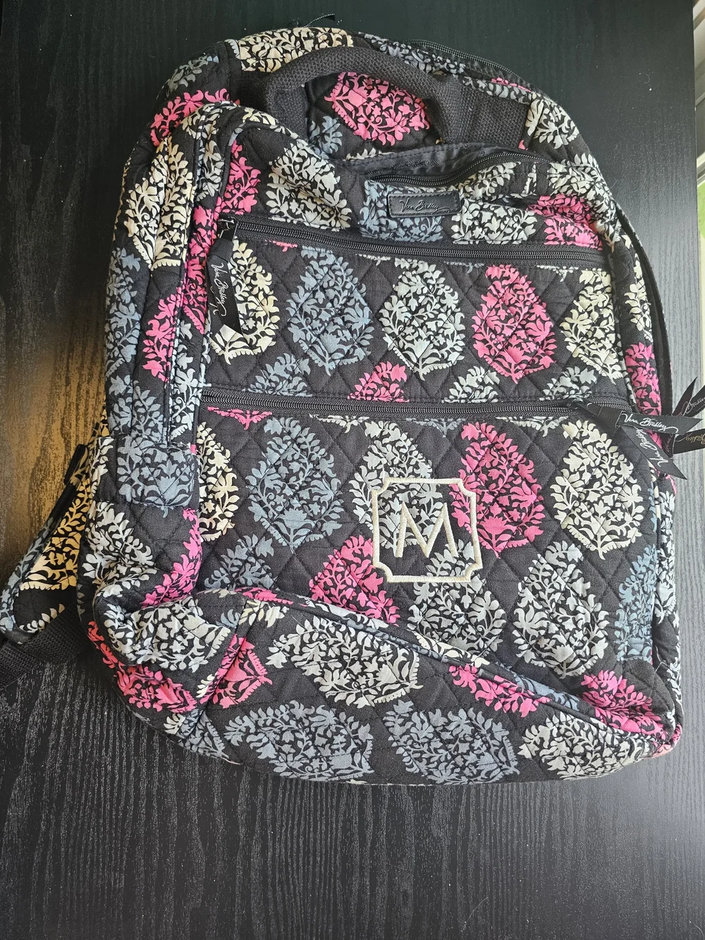 Vera Bradley Black Quilted Backpack with Pink & Gray Leaf Print OS